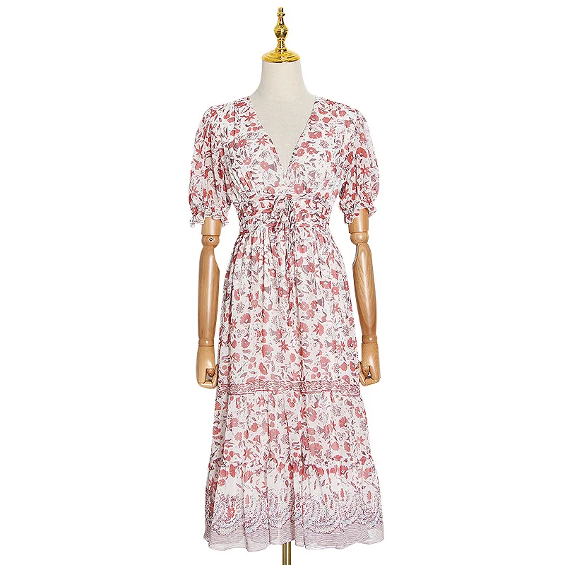 

Small crowd design summer French retro temperament high waist slim v-neck long sleeve printed long dress