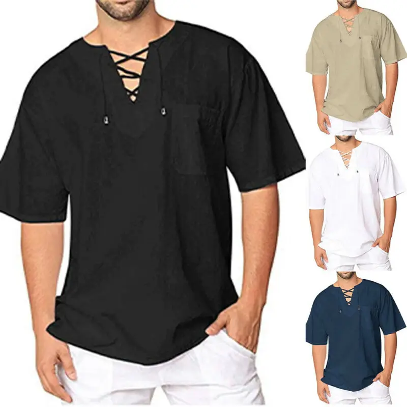 

Mens V-neck T-shirt Baggy Short Sleeve Shirt Holiday Causal Loose Blouse Tops