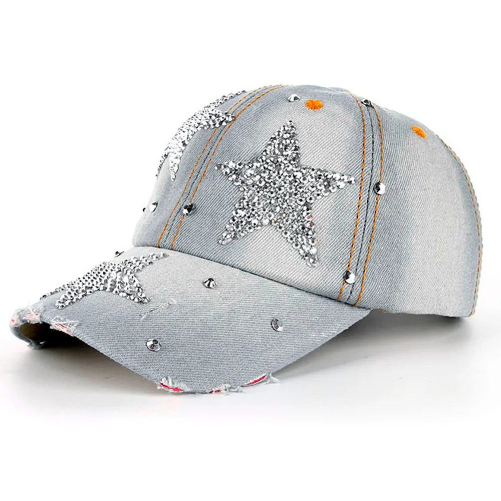 

Sagace Baseball Cap Women Men Stars Denim Rhinestone Baseball Cap Snapback Hip Hop Flat Hat Gorras Para Mujer Bone
