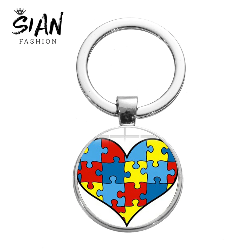 

SIAN New Arrival Puzzle Piece Love Heart Keychain Autism Awareness Colorful Puzzle Glass Cabochon Key Ring Family Gift Llaveros