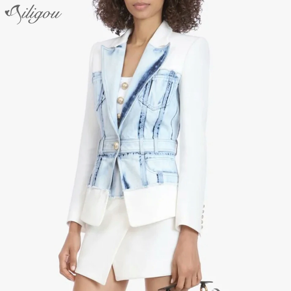 Женская джинсовая куртка Ailigou приталенная с V образным вырезом и пуговицами в