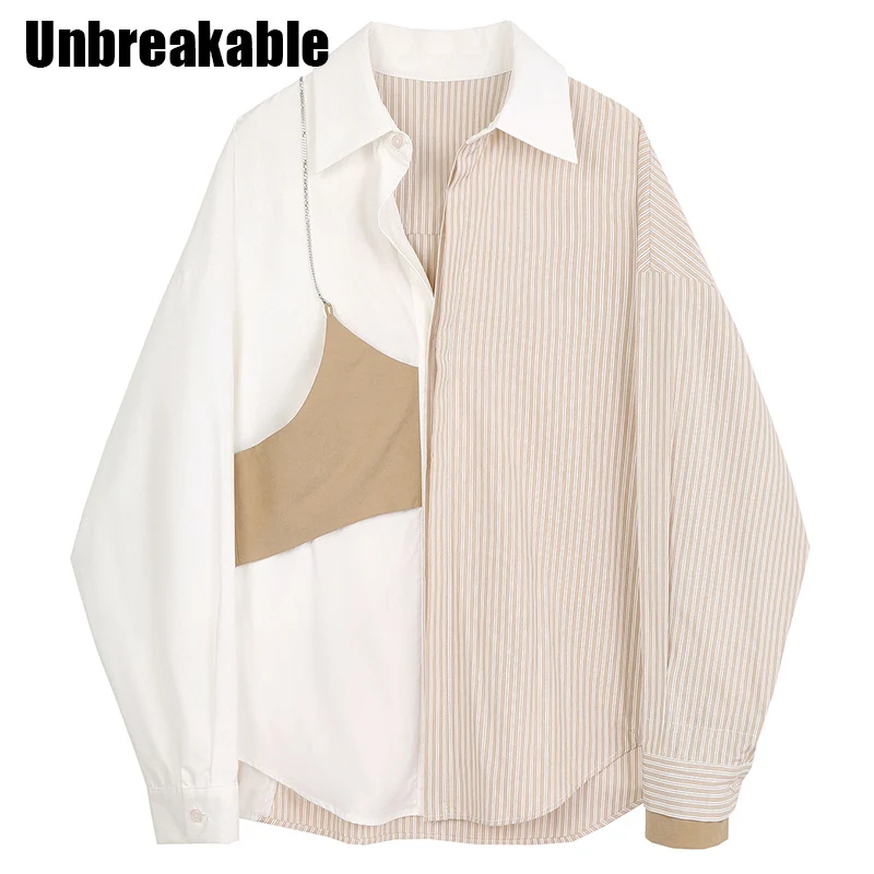 

Женская свободная рубашка с отложным воротником, полосатая блузка цвета хаки с разрезом и длинным рукавом, большие размеры, весна-осень 2020