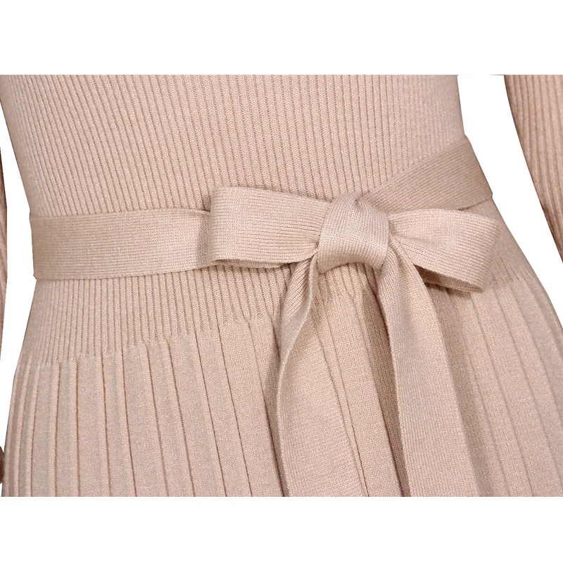 

Zoulv Woman New Long Sleeve Knitting Knee-Length Sweater Dresses Dress Fashion Elegant Solid Color Casual Stripe Ruffles