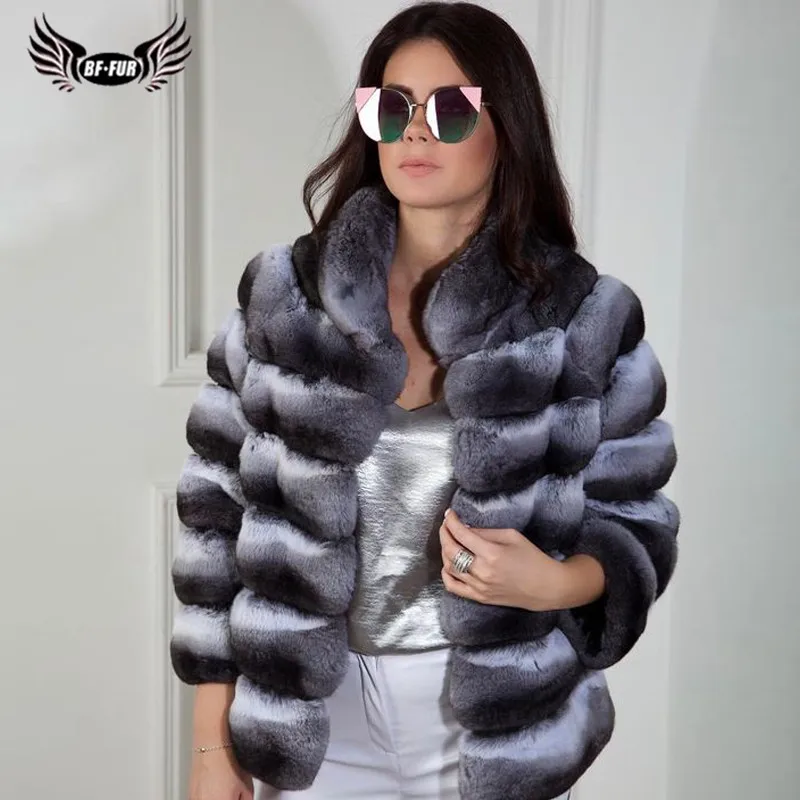 BFFUR Winter Short Rex Rabbit Fur Jackets With Collar Natural Full Pelt Rabbit Fur Coats For Women Chinchilla Color Overcoats