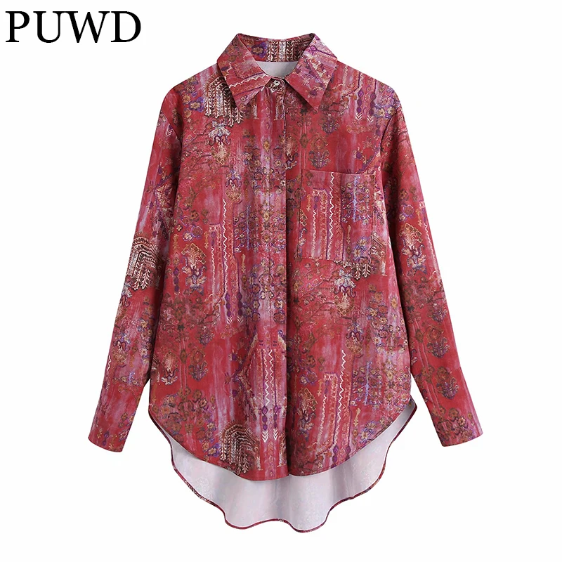 

Повседневная Женская рубашка PUWD с длинным рукавом, модель 2021 на осень, модная индивидуальная яркая Свободная Женская блузка в стиле ретро с ...