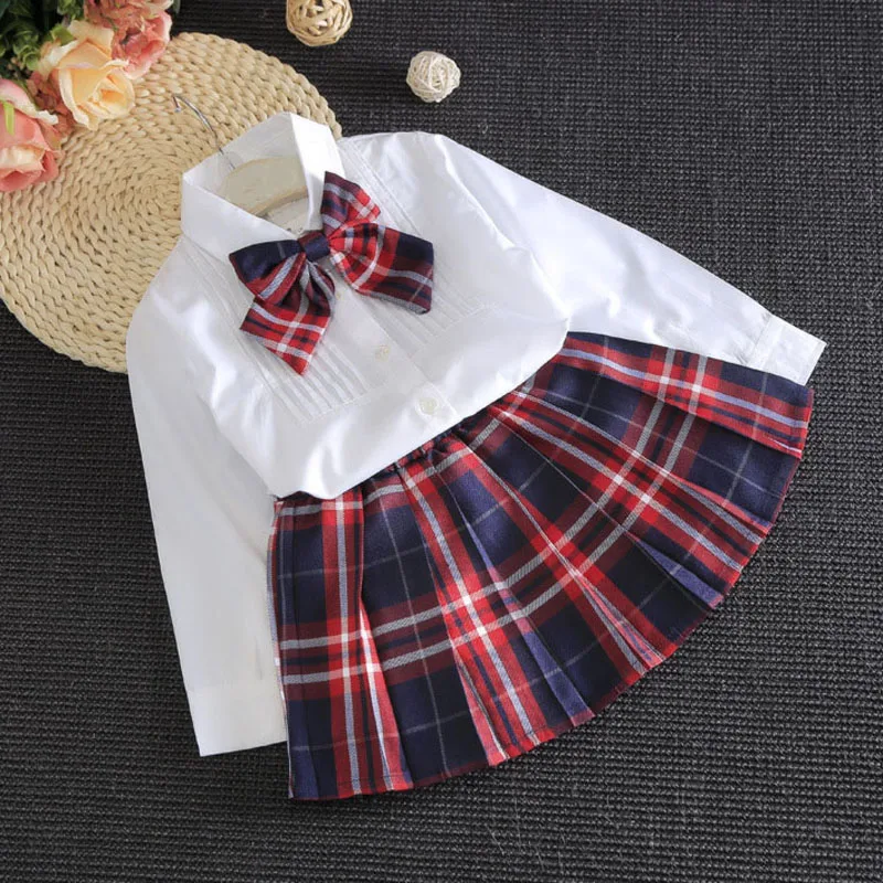 2022 Spring Summer Girl Suit Casual Clothing Autumn British Style Pure White Shirt + Plaid Skirt + Bow Children'S School Uniform