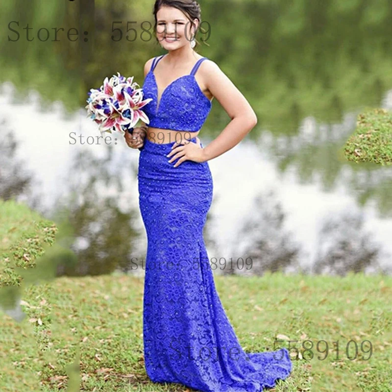 Синие вечерние платья из двух частей кружевные на бретелях для выпускного вечера