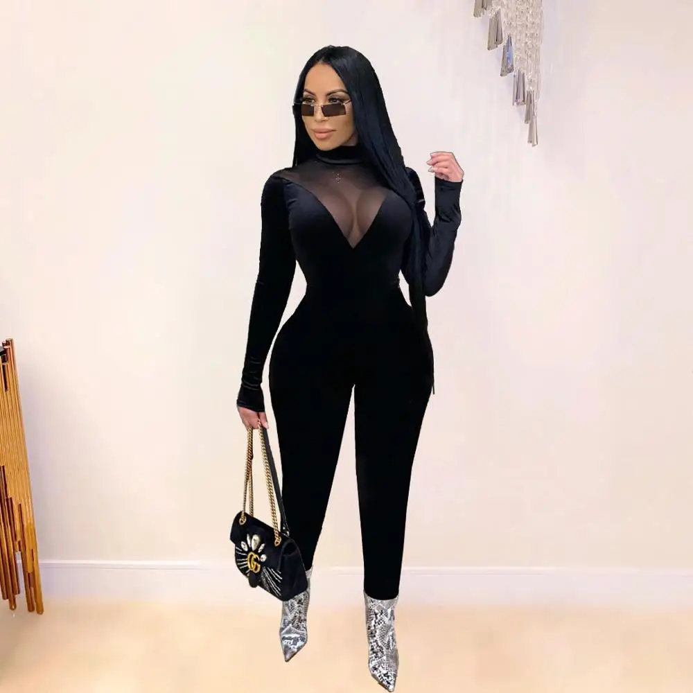 

Sexy Sheer Mesh Velvet Patchwork Women's Jumpsuit Club Party One Piece Overall High Waist Bodycon Rompers Women Jumpsuit Outfit