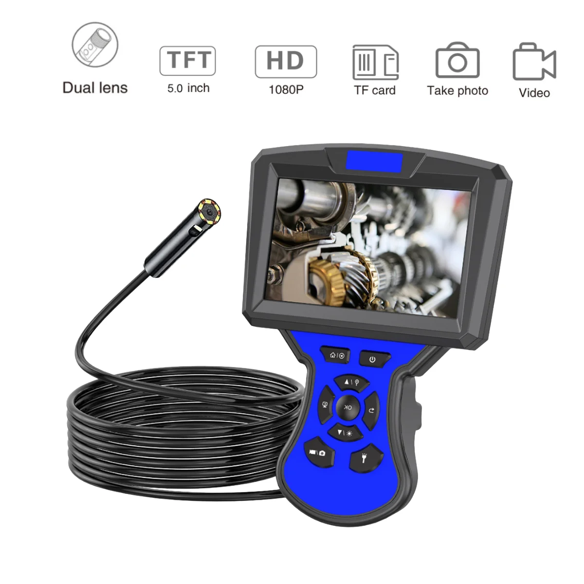 

8mm Dual Lens Inspection Camera Industrial Endoscope Waterproof Lens Borescope 3x ZOOM 1080P 5" IPS Screen Pipeline Car Inspect