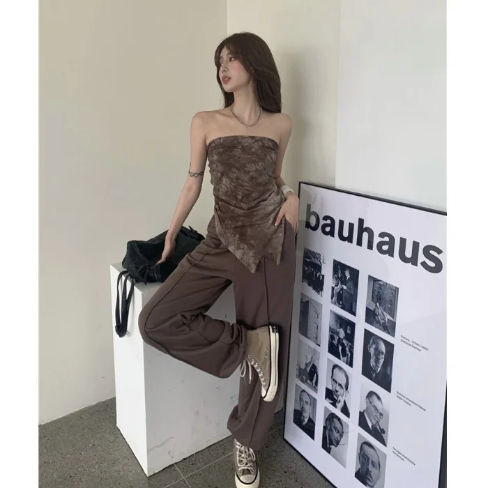 Костюм с брюками для девушек женский летний пикантный короткий топ завязками и