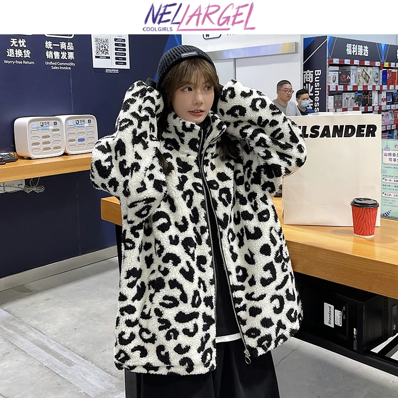 

NELLARGEL Women Leopard Harajuku Lambswool Parkas 2021 Female Kpop Fashion Oversized Winter Jacket Girl Vintage Streetwear Coats