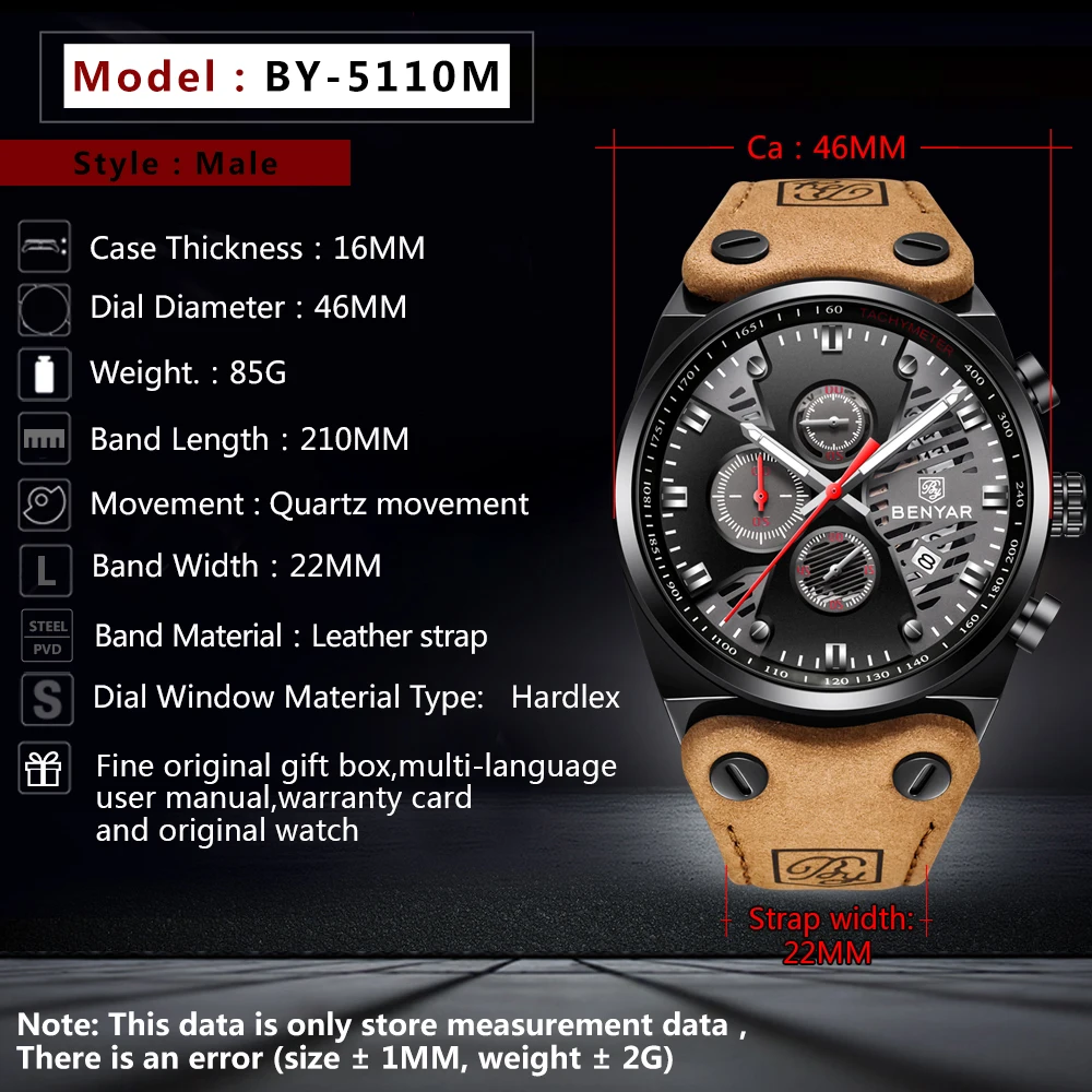

BENYAR Casual Sport Watches for Men Brown Top Brand Luxury Military Leather Wrist Watch Man Clock Fashion Chronograph Wristwatch