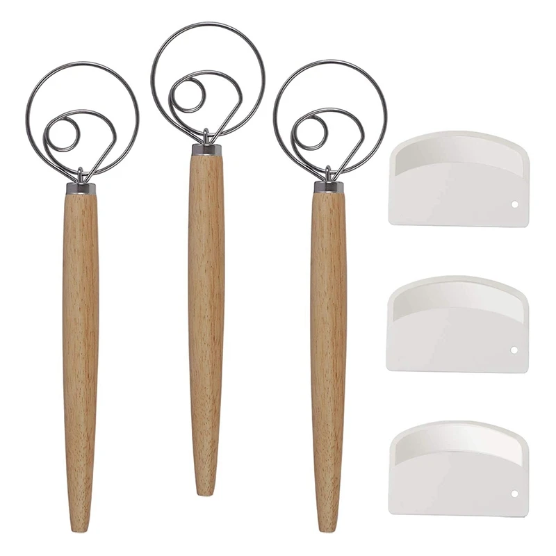 

3 Pcs 13 Inches Danish Dough Whisk With 3 Pcs Dough Scraper,Stainless Steel Dough Hook Wooden Handle For Baking,Pastries