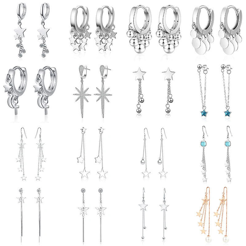 

Fanqieliu 925 Sterling Silver Jewelry Long Tassel Crystal Dangle Vintage Star Moon Charms Drop Earrings For Women FQL21052