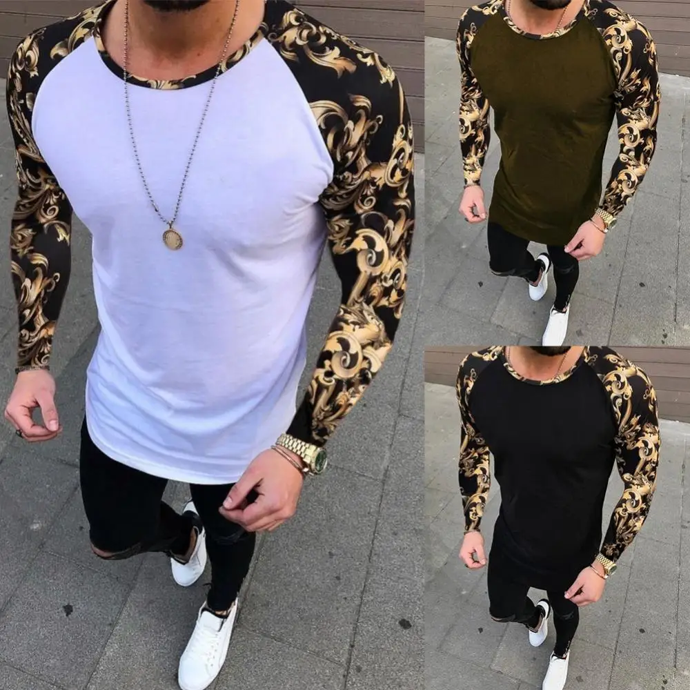 

50% Hot SaleÂ Autumn Casual Men Long Sleeve T-Shirt Top Floral Patchwork Round Neck T-Shirt For Men's Clothing Top