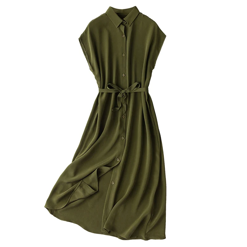 

SHUCHAN Army Green Shirt Dresses for Women Natural Silk Office Lady A-LINE Mid-Calf Raglan Sleeve Turn-down Collar