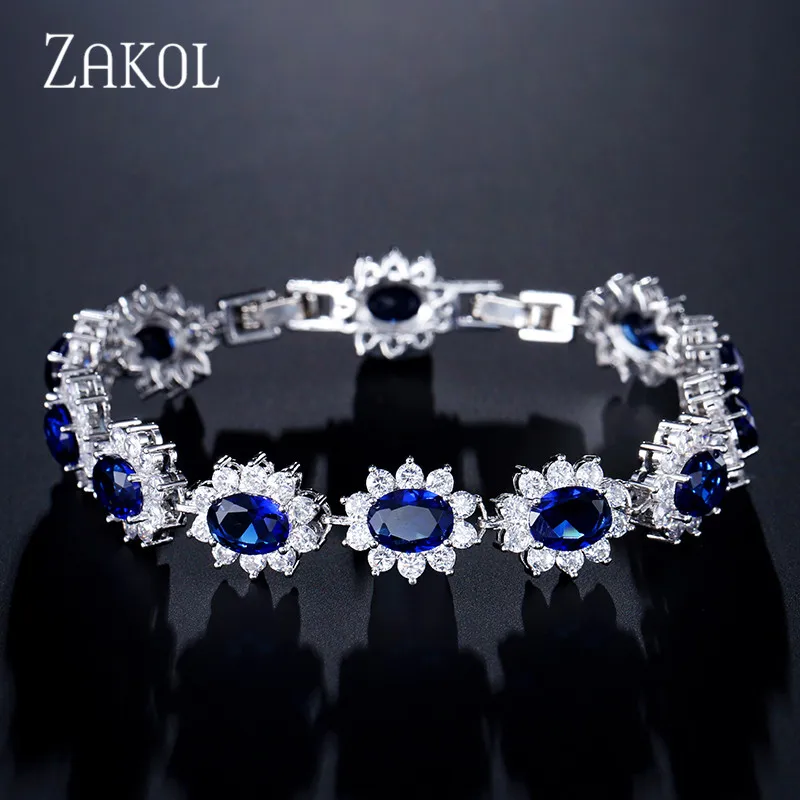 Blue ZAKOL Роскошные 3 цвета Овальный циркония кристалл звено цепи браслеты браслет для женщин Мода цветок Свадебные украшения FSBP1013 - Окраска металла: Blue