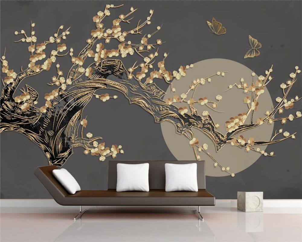 Пользовательские обои фрески в китайском стиле цветение сливы яркая луна