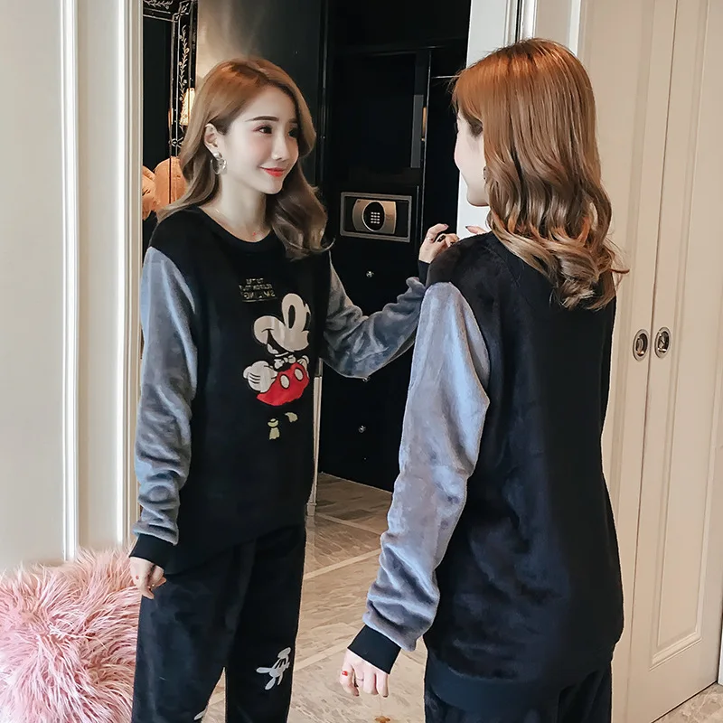 Женская Фланелевая пижама с Микки и Минни теплый пуловер длинным рукавом штаны