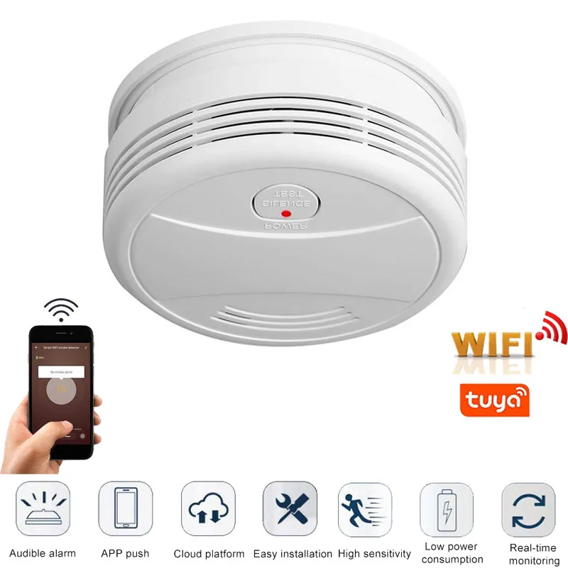 Датчик дыма Tuya Smartlife портативный детектор с Wi-Fi управлением через приложение Android