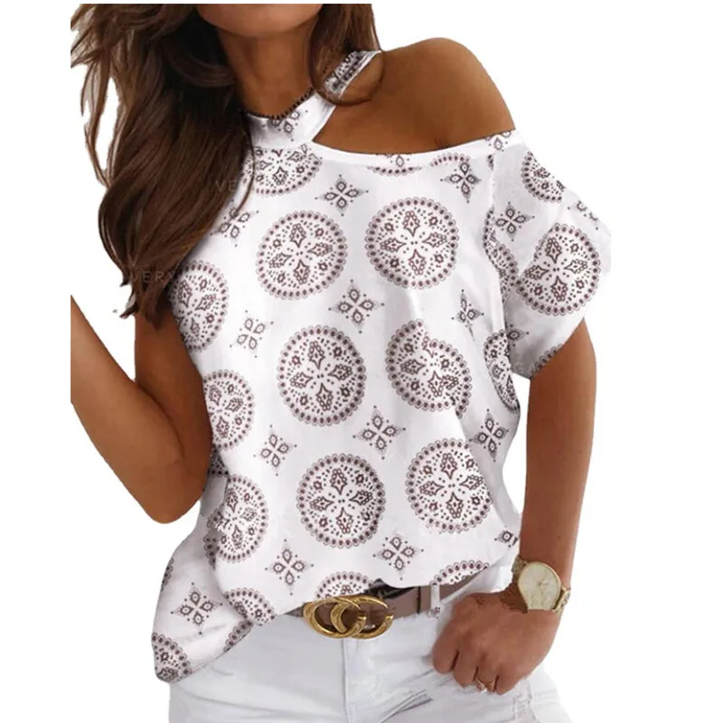 

New Women Summer Casual Flower Fasion Short Sleevee Tie Dyed Off Shoulder Cotton T-Shirt Oversized Plus Size Top