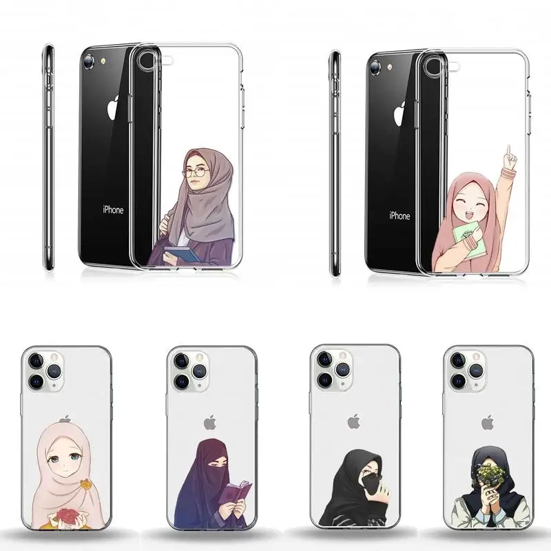 

cartoon hijab muslim Girl Phone Case Transparent for iPhone Samsung A S 11 12 6 7 8 9 10 20 Pro X XS Max XR Plus lite