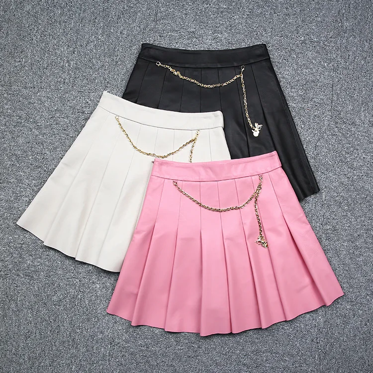 2022 New Leather Skirt Sheepskin Girl Pleated Chain A-Line Skirt E8