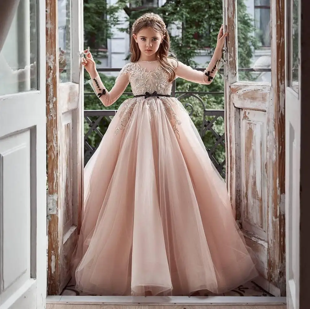 

Custom Pink Flower Girl Dress Long Sleeve Beaded Lace Sheer Neck Backless Girls Pageant Gown Party Dress