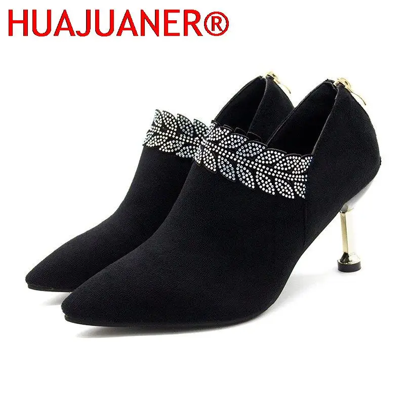 

2022 Autumn Woman Bare Boots Black Bling Ankle Boots For Women Pointed Toe Dress Shoes High Heels Booties Botas Mujer