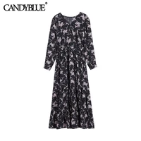 french retro floral chiffon dress 2022 spring new fashion long sleeved mid length high waist pleated v neck printed dress women