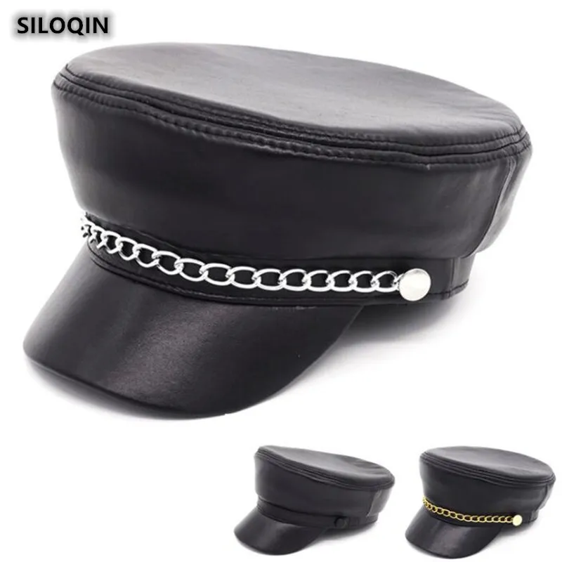 

SILOQIN Trend Genuine Leather Hat For Men Women Winter Sheepskin Flat Cap Snapback Fashion Military Hats Brands Student Hat NEW