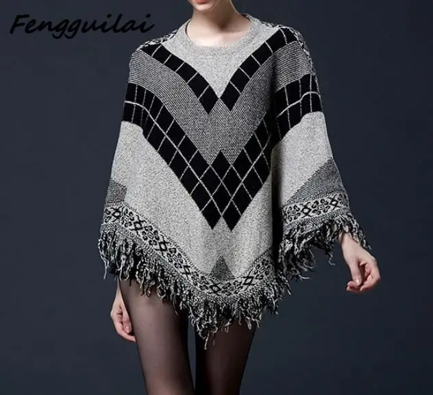 

2019 New Autumn O-Neck Spell Color Jacquard Tassel Cloak Sweater Women Batwing Pullovers Spell Color Jacquard Fringed Knitwear