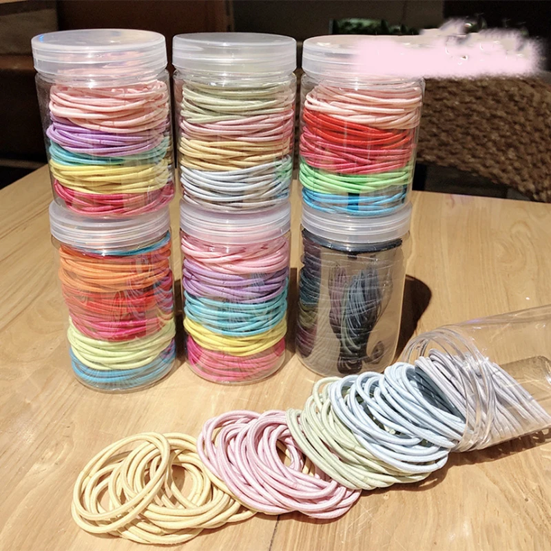 

100pcs Women Hair Ponytail Holder Hair Rope Rubber Band Hairring Solid Colour High Elastic Flat Hair Band With Transparent Box