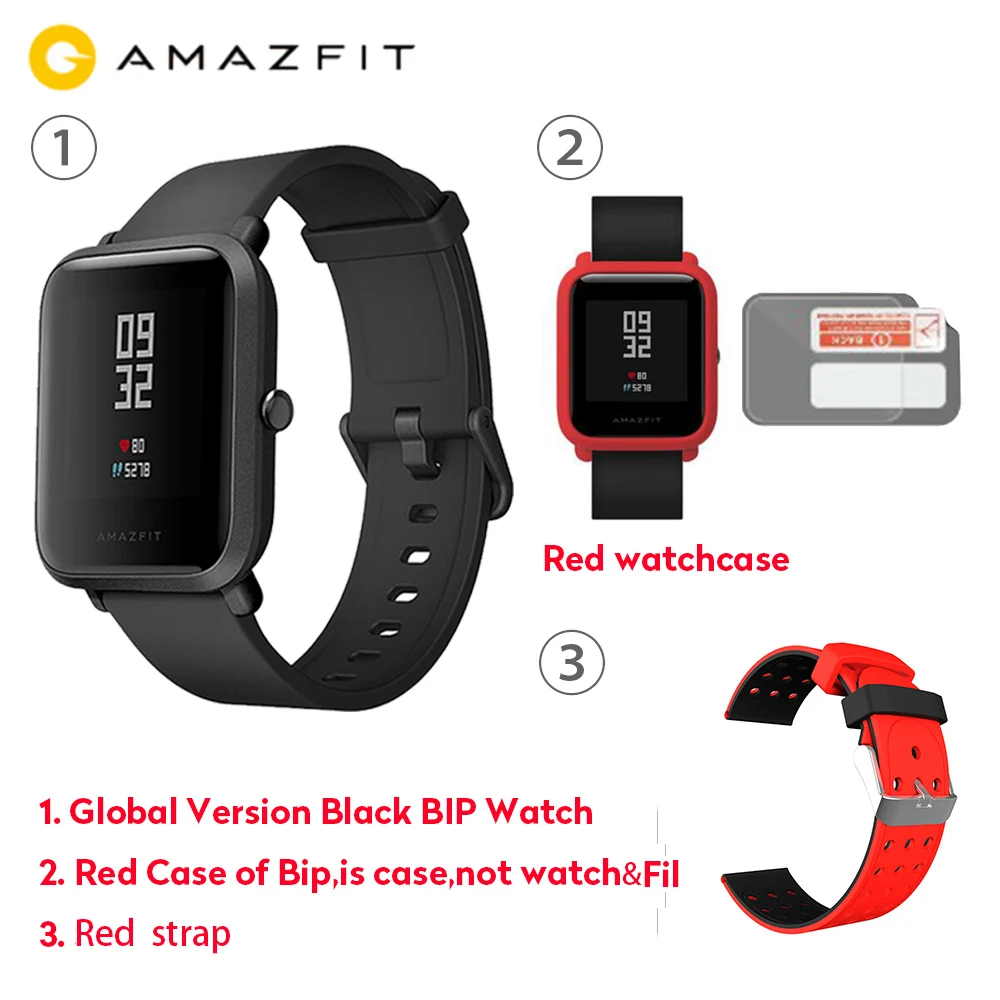 Red Case Red Strap Официальные Смарт-часы Amazfit Bip, gps, умные часы, 45 дней в режиме ожидания, монитор сердечного ритма, будильник, вибрация, IP68, водонепроницаемые, напоминание о звонках - Цвет: Red Case Red Strap