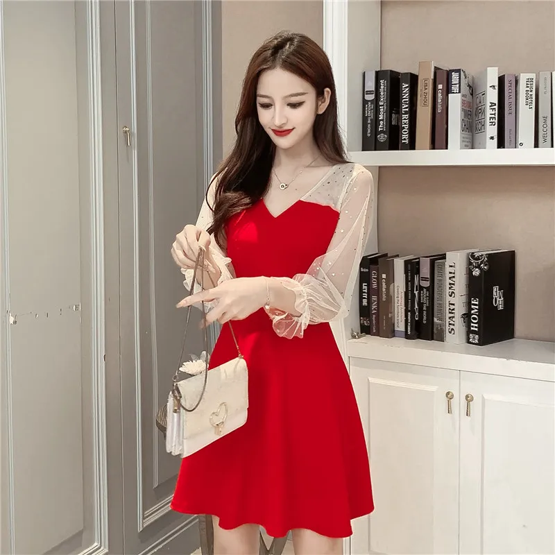 

COIGARSAM Patchwork Women one-piece dress Korean New Spring Full Sleeve Mesh V-Neck Dresses Red Black 9108