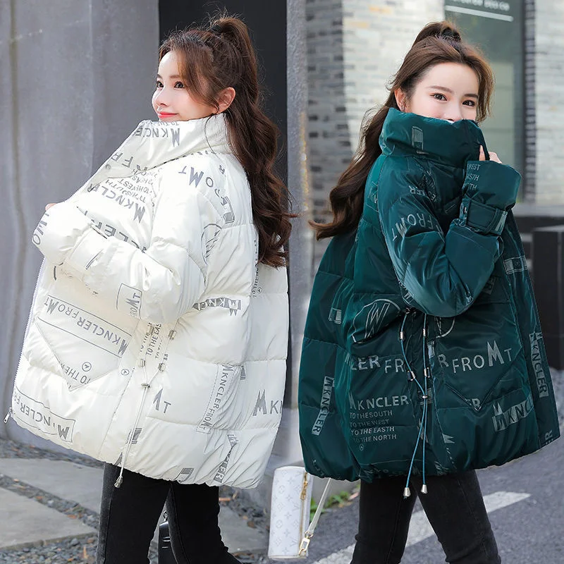

Thicken Winter Women Parkas 2021 New Korean Casual Student Outwear Stand Collar Cotton Print Letter Jacket Short Warm Loose Coat