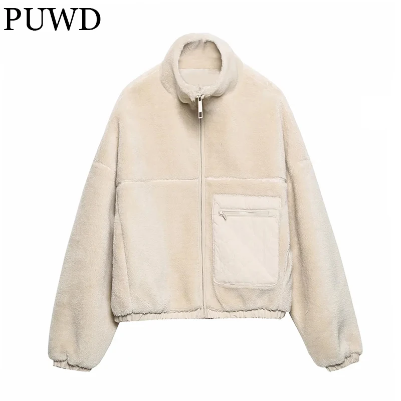 

PUWD Vintage Women Stitching Fleece Jacket 2021 Autumn Winter Warm Casual Pocket Zipper Plush Jacket Loose Female Chic Outwear