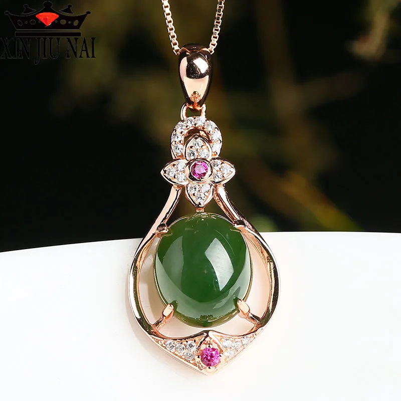 Женская подвеска с цветком из зеленого камня овальная в стиле ретро розовым