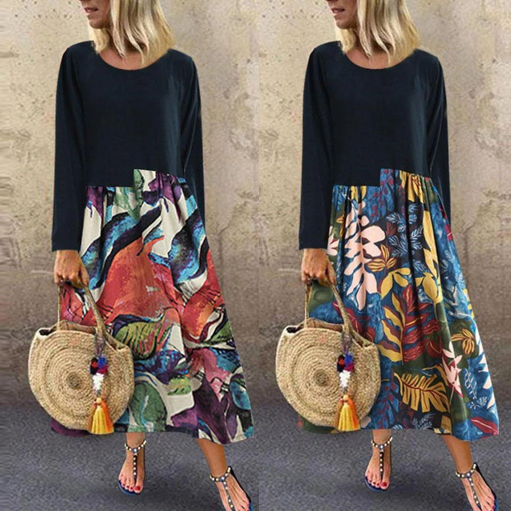 Women Dress Round Collar Cotton Color Collision Print Long Sleeve Female Autumn Winter Casual Plus Size M840# | Женская одежда