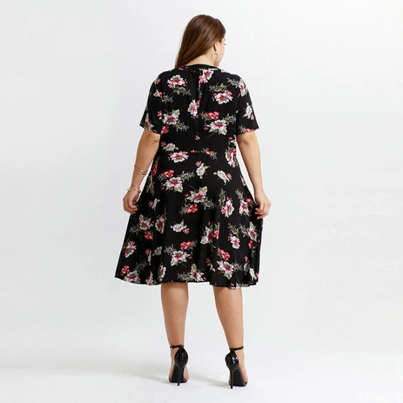 

women one-piece printed flower V neck dress plus size cotton comfortable knee length Dresses