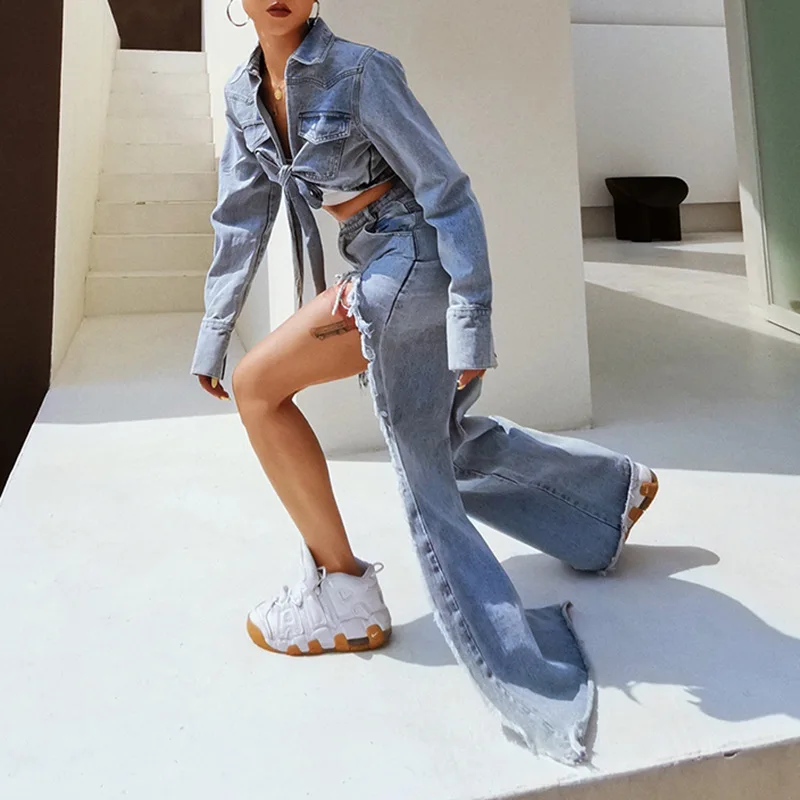 

StreetWear Ripped Irregular Jeans for Women 2021 Summer New Elegant Split High Waist Denim Trousers Female Straight Long Pants