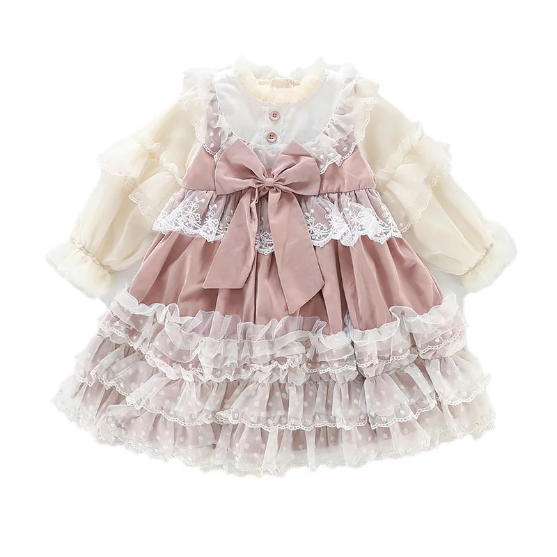 

Pink Lolita New Princess Dress Spring Summer Pearl Tulle Ball Gown New Flower Girl Canonicals Birthday Party Clothing For Girl