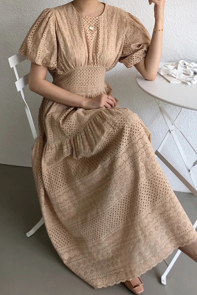 

YAMDI woman 2020 new dresses a-line party midi dress women short sleeve elegant korean summer vintage lace hollow out solid lady