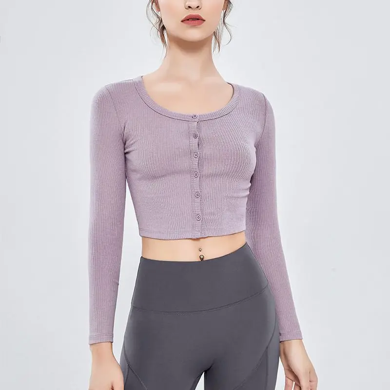 

Autumn Women Yoga Shirts Button Up Shirt Sexy Long-sleeved Midriff-baring Casual Sports Fitness Running Outerwear Sports Top
