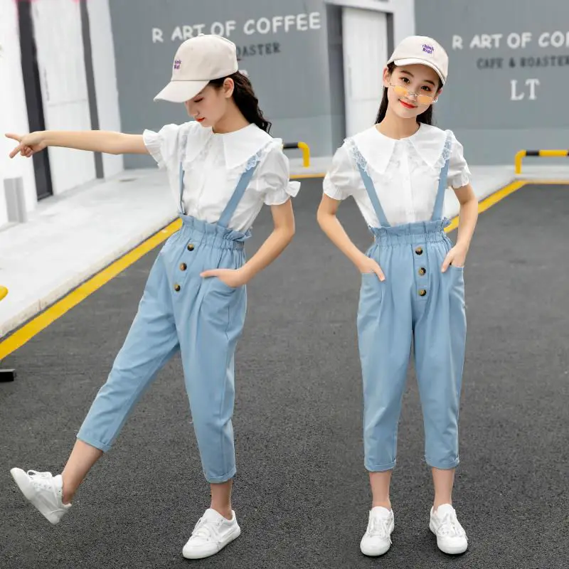 Комплект для девочек весна-лето рубашка блузка + комбинезон одежда подростков