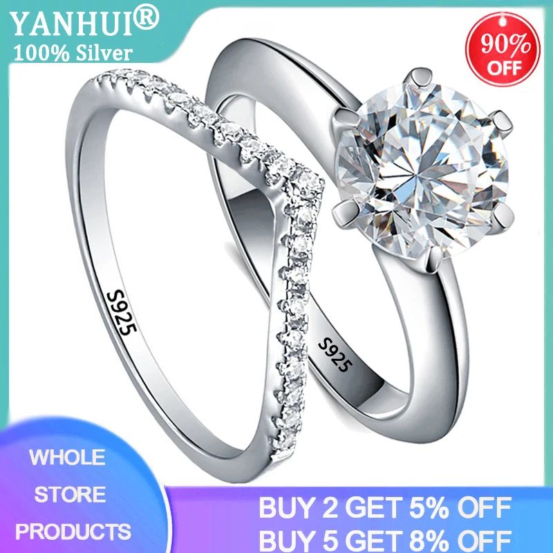 

YANHUI 100% Authentic 925 Sterling Silver Ring With Natural Zirconia Diamond Wedding Band Stacked Ring Women Trendy Jewelry