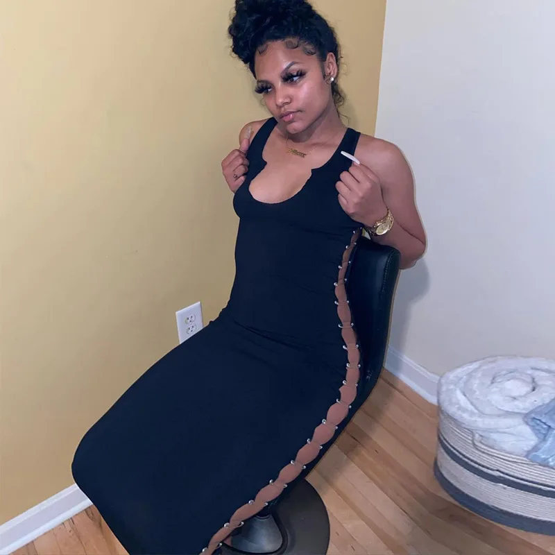 

Sexy Long Dresses Female Streetwear Hollow Out Sleeveless Bodycon Fitness Stretchy Party Night Summer Dresses For Women