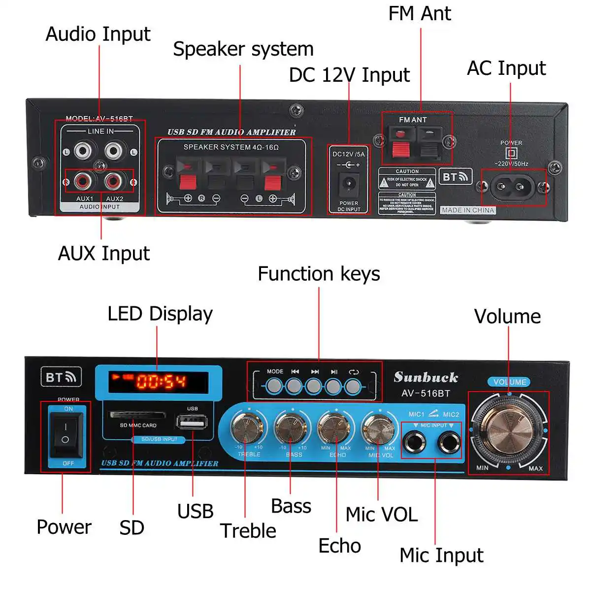 

1200W Car Amplificador HIFI 516BT Audio Power Amplifier 12/220V Home Theater Amplifier Audio Support FM USB SD/Remote Control