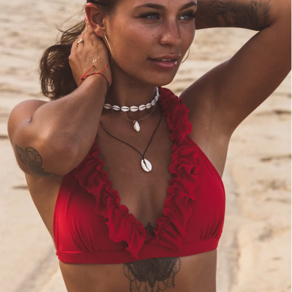 Сексуальный гофрированный комплект бикини 2020 с высоким вырезом и воланом