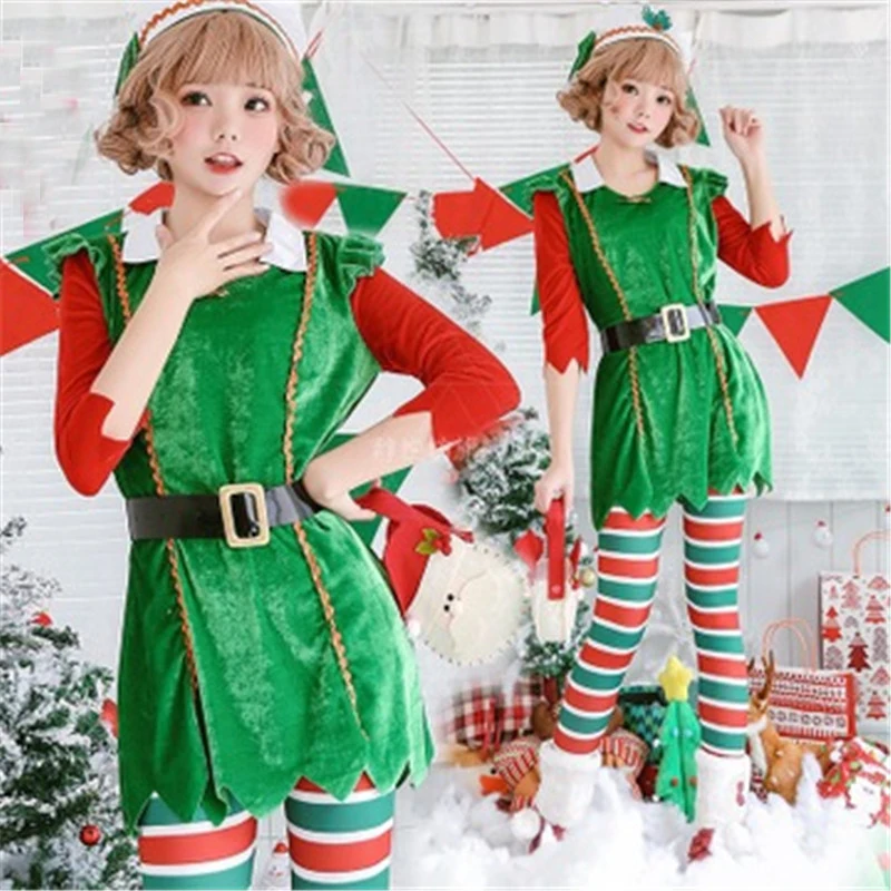 

Women Christmas Tree Cosplay Santa Claus Stage Performance Clothing Sweet Girl Christmas Costumes with Dress Hat Belt Pants